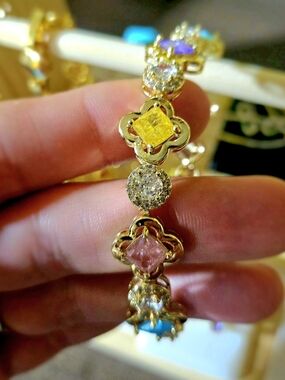 18k Gold Filled Multi-Gem Clover Link Bracelet - Pink & Yellow Accents